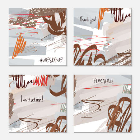 Hand drawn creative invitation greeting cards. Invitation party card template. Set of 4 isolated on layer. Abstract creative universal doodles. Roughly brushed floral motifs. Vector illustration.のイラスト素材