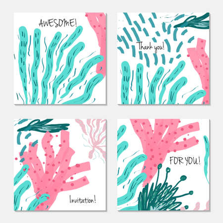 Hand drawn creative invitation greeting cards. Invitation party card template. Set of 4 isolated on layer. Abstract creative universal doodles. Roughly brushed floral motifs. Vector illustration.のイラスト素材