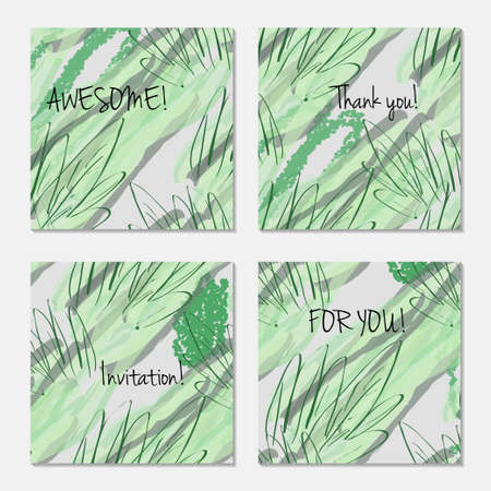 Hand drawn creative invitation greeting cards. Invitation party card template. Set of 4 isolated on layer. Abstract creative universal doodles. Roughly brushed floral motifs. Vector illustration.のイラスト素材