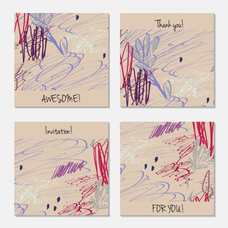 Hand drawn creative invitation greeting cards. Invitation party card template. Set of 4 isolated on layer. Abstract creative universal doodles. Roughly brushed floral motifs. Vector illustration.のイラスト素材