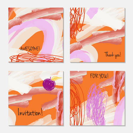 Hand drawn creative invitation greeting cards. Invitation party card template. Set of 4 isolated on layer. Abstract creative universal doodles. Roughly brushed floral motifs. Vector illustration.のイラスト素材