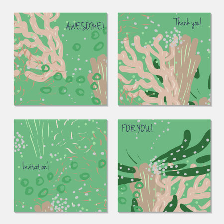 Hand drawn creative invitation greeting cards. Invitation party card template. Set of 4 isolated on layer. Abstract creative universal doodles. Roughly brushed floral motifs. Vector illustration.のイラスト素材