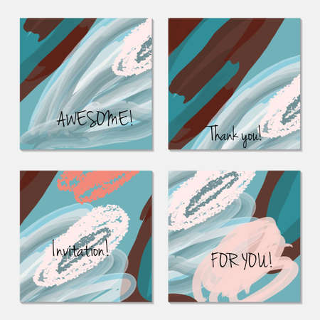 Hand drawn creative invitation greeting cards. Invitation party card template. Set of 4 isolated on layer. Abstract creative universal doodles. Roughly brushed floral motifs. Vector illustration.のイラスト素材