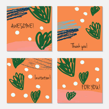 Hand drawn creative invitation greeting cards. Invitation party card template. Set of 4 isolated on layer. Abstract creative universal doodles. Roughly brushed floral motifs. Vector illustration.のイラスト素材