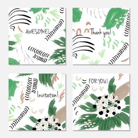 Hand drawn creative invitation greeting cards. Invitation party card template. Set of 4 isolated on layer. Abstract creative universal doodles. Roughly brushed floral motifs. Vector illustration.のイラスト素材