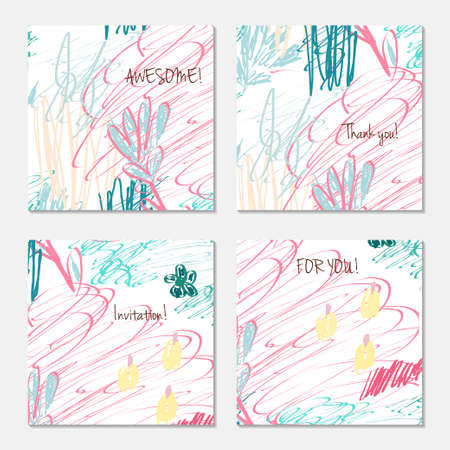 Hand drawn creative invitation greeting cards. Invitation party card template. Set of 4 isolated on layer. Abstract creative universal doodles. Roughly brushed floral motifs. Vector illustration.のイラスト素材