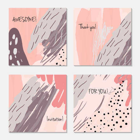 Hand drawn creative invitation greeting cards. Invitation party card template. Set of 4 isolated on layer. Abstract creative universal doodles. Roughly brushed floral motifs. Vector illustration.のイラスト素材