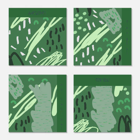 Hand drawn creative invitation greeting cards. Invitation party card template. Set of 4 isolated on layer. Abstract creative universal doodles. Roughly brushed floral motifs. Vector illustration.のイラスト素材