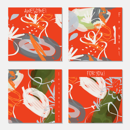 Hand drawn creative invitation greeting cards. Invitation party card template. Set of 4 isolated on layer. Abstract creative universal doodles. Roughly brushed floral motifs. Vector illustration.のイラスト素材