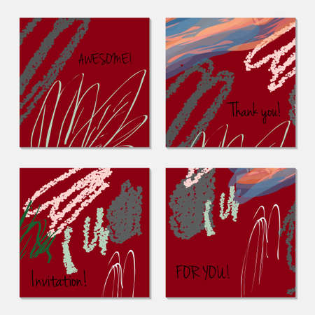 Hand drawn creative invitation greeting cards. Invitation party card template. Abstract creative universal doodles. Roughly brushed floral motifs. Vector illustration.のイラスト素材