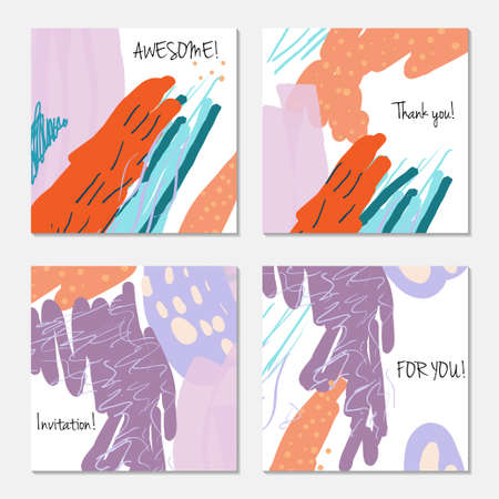 Hand drawn creative invitation greeting cards. Invitation party card template. Abstract creative universal doodles. Roughly brushed floral motifs. Vector illustration.のイラスト素材