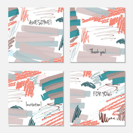 Hand drawn creative invitation greeting cards. Invitation party card template. Abstract creative universal doodles. Roughly brushed floral motifs. Vector illustration.のイラスト素材