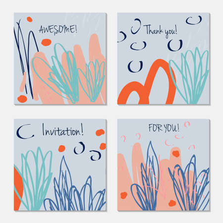 Hand drawn creative invitation greeting cards. Invitation party card template. Abstract creative universal doodles. Roughly brushed floral motifs. Vector illustration.のイラスト素材