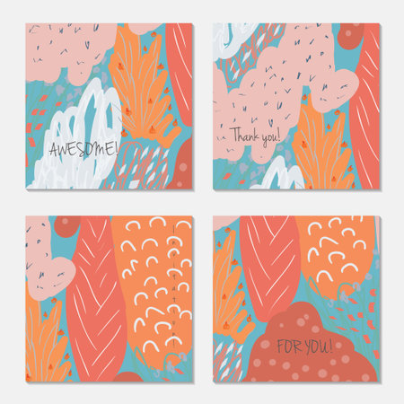 Hand drawn creative invitation greeting cards. Invitation party card template. Set of 4 isolated on layer. Abstract creative universal doodles. Roughly brushed floral motifs. Vector illustration.のイラスト素材