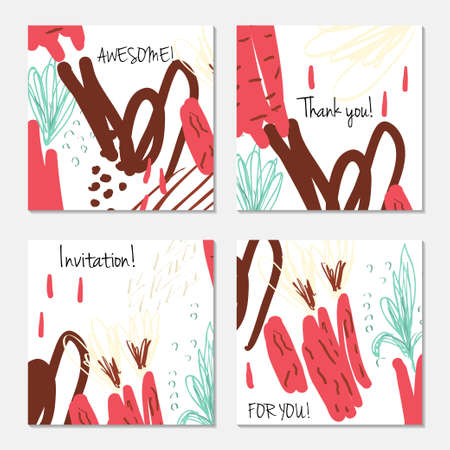Hand drawn creative invitation greeting cards. Invitation party card template. Set of 4 isolated on layer. Abstract creative universal doodles. Roughly brushed floral motifs. Vector illustration.のイラスト素材