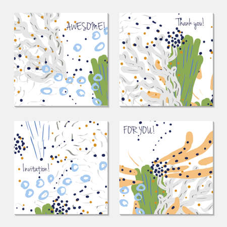 Hand drawn creative invitation greeting cards. Invitation party card template. Set of 4 isolated on layer. Abstract creative universal doodles. Roughly brushed floral motifs. Vector illustration.のイラスト素材