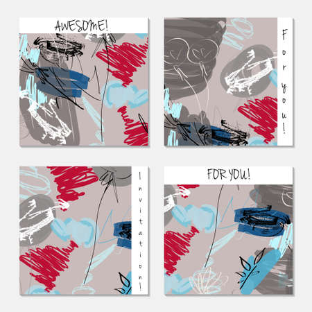 Hand drawn creative invitation greeting cards. Invitation party card template. Set of 4 isolated on layer. Abstract creative universal doodles. Roughly brushed floral motifs. Vector illustration.のイラスト素材