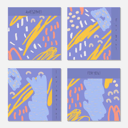 Hand drawn creative invitation greeting cards. Invitation party card template. Set of 4 isolated on layer. Abstract creative universal doodles. Roughly brushed floral motifs. Vector illustration.のイラスト素材