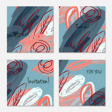 Hand drawn creative invitation greeting cards. Invitation party card template. Set of 4 isolated on layer. Abstract creative universal doodles. Roughly brushed floral motifs. Vector illustration.のイラスト素材