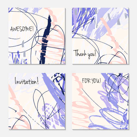 Hand drawn creative invitation greeting cards. Invitation party card template. Set of 4 isolated on layer. Abstract creative universal doodles. Roughly brushed floral motifs. Vector illustration.のイラスト素材