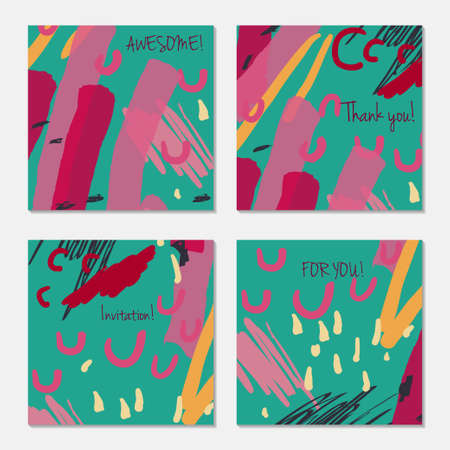 Hand drawn creative invitation greeting cards. Invitation party card template. Set of 4 isolated on layer. Abstract creative universal doodles. Roughly brushed floral motifs. Vector illustration.のイラスト素材