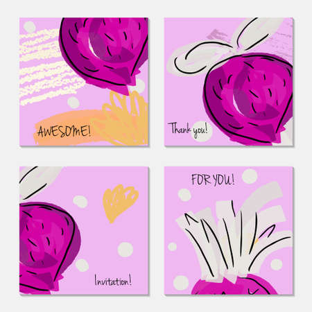 Hand drawn creative invitation greeting cards. Invitation party card template. Set of 4 isolated on layer. Abstract creative universal doodles. Roughly brushed floral motifs. Vector illustration.のイラスト素材