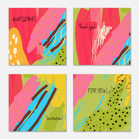 Hand drawn creative invitation greeting cards. Invitation party card template. Set of 4 isolated on layer. Abstract creative universal doodles. Roughly brushed floral motifs. Vector illustration.のイラスト素材