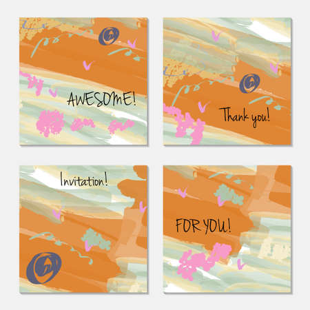 Hand drawn creative invitation greeting cards. Invitation party card template. Set of 4 isolated on layer. Abstract creative universal doodles. Roughly brushed floral motifs. Vector illustration.のイラスト素材