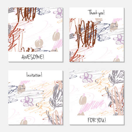 Hand drawn creative invitation greeting cards. Invitation party card template. Abstract creative universal doodles. Roughly brushed floral motifs. Vector illustration.のイラスト素材