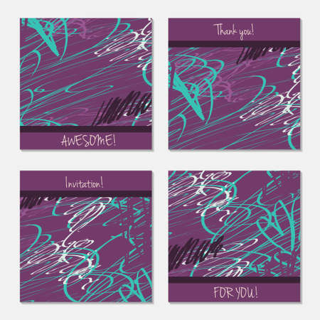 Hand drawn creative invitation greeting cards. Invitation party card template. Abstract creative universal doodles. Roughly brushed floral motifs. Vector illustration.のイラスト素材