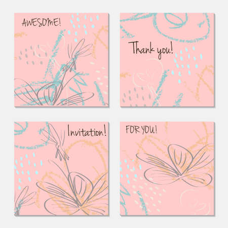 Hand drawn creative invitation greeting cards. Invitation party card template. Abstract creative universal doodles. Roughly brushed floral motifs. Vector illustration.のイラスト素材