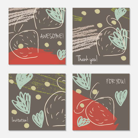 Hand drawn creative invitation greeting cards. Invitation party card template. Set of 4 isolated on layer. Abstract creative universal doodles. Roughly brushed floral motifs. Vector illustration.のイラスト素材