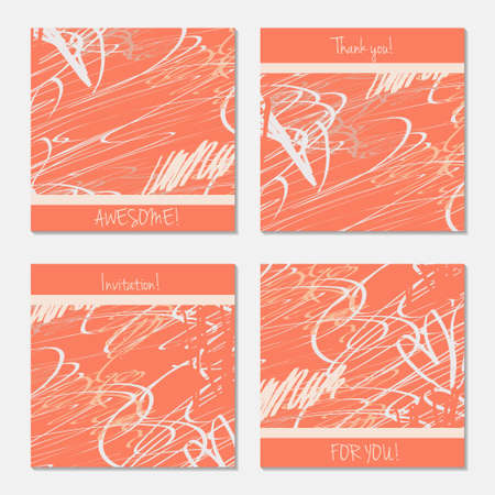 Hand drawn creative invitation greeting cards. Invitation party card template. Set of 4 isolated on layer. Abstract creative universal doodles. Roughly brushed floral motifs. Vector illustration.のイラスト素材