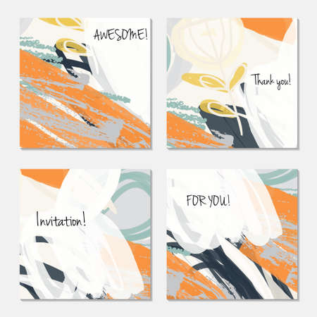 Hand drawn creative invitation greeting cards. Invitation party card template. Set of 4 isolated on layer. Abstract creative universal doodles. Roughly brushed floral motifs. Vector illustration.のイラスト素材