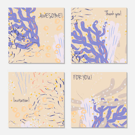 Hand drawn creative invitation greeting cards. Invitation party card template. Set of 4 isolated on layer. Abstract creative universal doodles. Roughly brushed floral motifs. Vector illustration.のイラスト素材