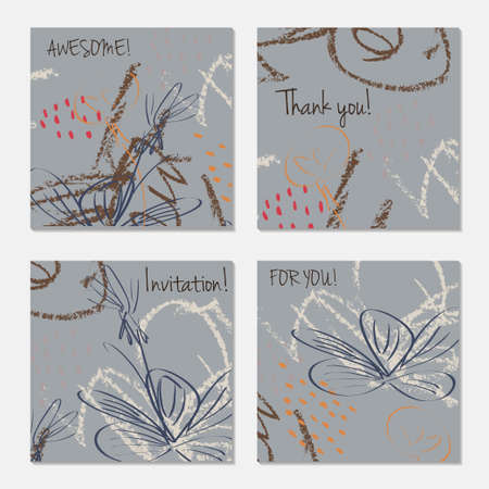 Hand drawn creative invitation greeting cards. Invitation party card template. Set of 4 isolated on layer. Abstract creative universal doodles. Roughly brushed floral motifs. Vector illustration.のイラスト素材