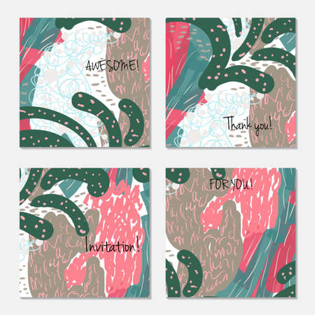 Hand drawn creative invitation greeting cards. Invitation party card template. Set of 4 isolated on layer. Abstract creative universal doodles. Roughly brushed floral motifs. Vector illustration.のイラスト素材