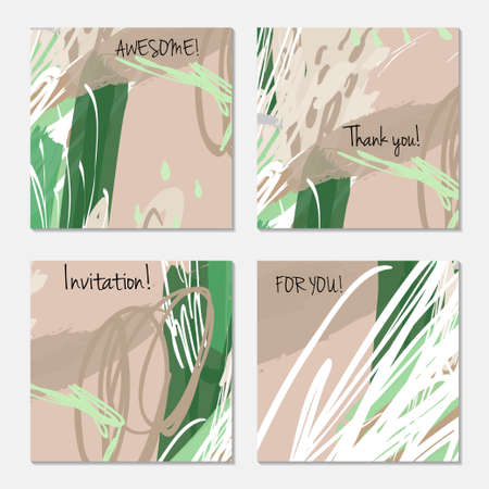 Hand drawn creative invitation greeting cards. Invitation party card template. Set of 4 isolated on layer. Abstract creative universal doodles. Roughly brushed floral motifs. Vector illustration.のイラスト素材
