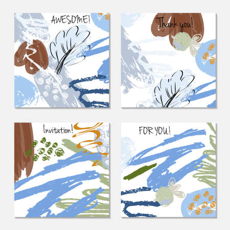 Hand drawn creative invitation greeting cards. Invitation party card template. Set of 4 isolated on layer.のイラスト素材