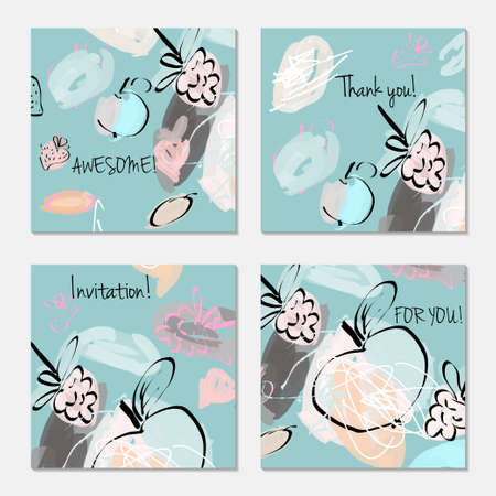 Hand drawn creative invitation greeting cards. Invitation party card template. Set of 4 isolated on layer. Abstract creative universal doodles. Roughly brushed floral motifs. Vector illustration.のイラスト素材