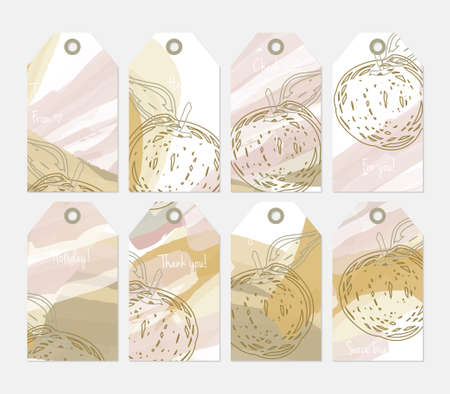 Hand drawn creative tags. Universal shopping, sales, advertising, price tags and product label templates isolated. Abstract artistic doodles. Roughly drawn bright trendy textures.のイラスト素材