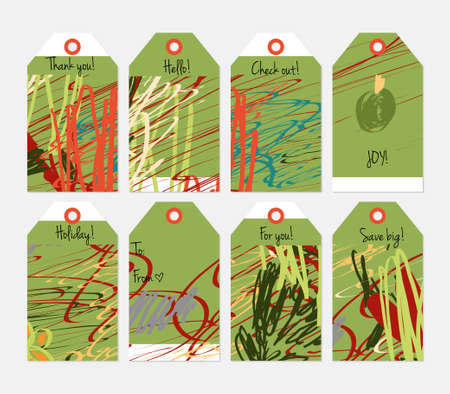 Hand drawn creative tags. Universal shopping, sales, advertising, price tags and product label templates isolated. Abstract artistic doodles. Roughly drawn bright trendy textures.のイラスト素材