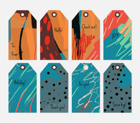 Hand drawn creative tags. Universal shopping, sales, advertising, price tags and product label templates isolated. Abstract artistic doodles. Roughly drawn bright trendy textures.のイラスト素材