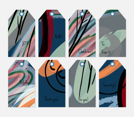 Hand drawn creative tags. Universal shopping, sales, advertising, price tags and product label templates isolated. Abstract artistic doodles. Roughly drawn bright trendy textures.のイラスト素材