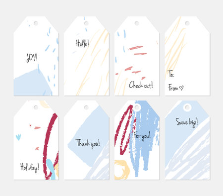 Hand drawn creative tags. Universal shopping, sales, advertising, price tags and product label templates isolated. Abstract artistic doodles. Roughly drawn bright trendy textures. Vector isolatedのイラスト素材
