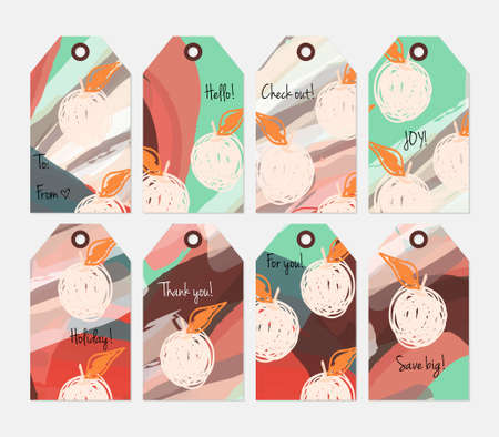 Hand drawn creative tags. Universal shopping, sales, advertising, price tags and product label templates isolated. Abstract artistic doodles. Roughly drawn bright trendy textures. Vector isolatedのイラスト素材
