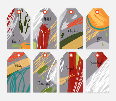 Hand drawn creative tags. Universal shopping, sales, advertising, price tags and product label templates isolated. Abstract artistic doodles. Roughly drawn bright trendy textures. Vector isolatedのイラスト素材