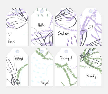 Hand drawn creative tags. Universal shopping, sales, advertising, price tags and product label templates isolated. Abstract artistic doodles. Roughly drawn bright trendy textures. Vector isolatedのイラスト素材