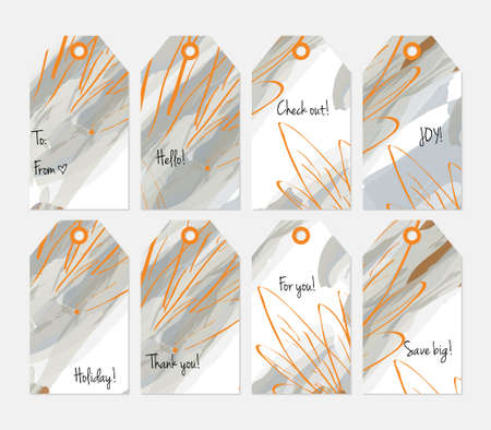 Hand drawn creative tags. Universal shopping, sales, advertising, price tags and product label templates isolated. Abstract artistic doodles. Roughly drawn bright trendy textures. Vector isolatedのイラスト素材