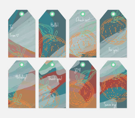 Hand drawn creative tags. Universal shopping, sales, advertising, price tags and product label templates isolated. Abstract artistic doodles. Roughly drawn bright trendy textures. Vector isolatedのイラスト素材